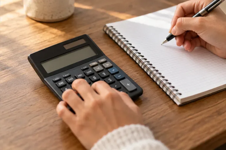 Une main utilise une calculatrice posée à côté d’un cahier quadrillé et d’un crayon.