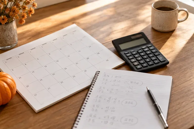 Un calendrier d’octobre, une calculatrice et un carnet de notes sont posés sur une table en bois.