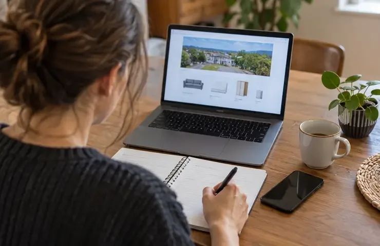 Personne consultant un service local de collecte sur ordinateur et notant les informations dans un carnet