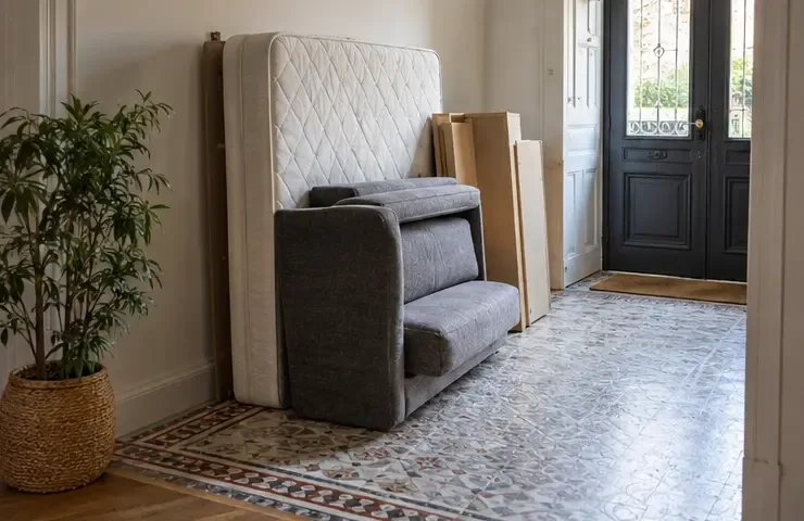 Matelas, fauteuil et panneaux regroupés dans une entrée privée avec un passage dégagé