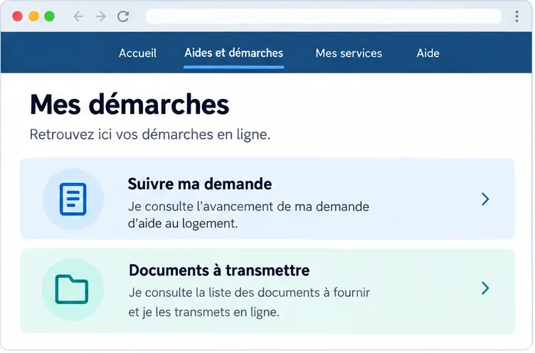 Fenêtre présentant le suivi d’une demande et les documents à transmettre.