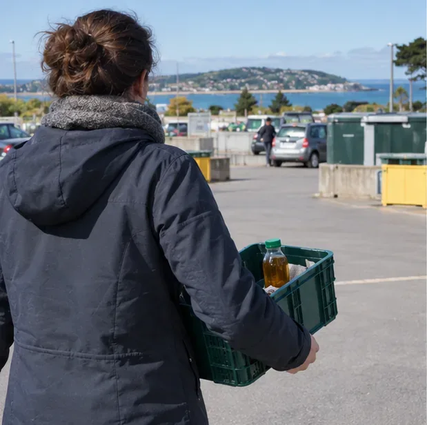 Une personne transporte une caisse contenant une bouteille fermée d’huile de cuisson vers un site municipal de collecte