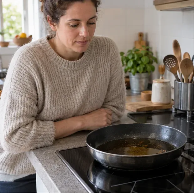 Une personne attend dans une cuisine que l’huile de cuisson refroidisse dans une poêle éteinte