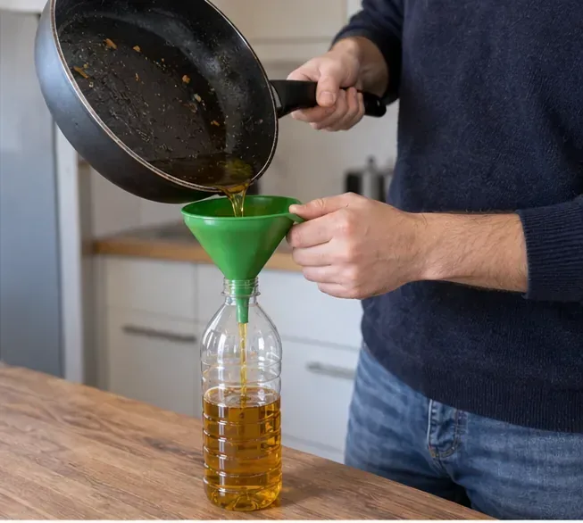 Une personne verse lentement de l’huile de cuisson usagée dans une bouteille en plastique à l’aide d’un entonnoir vert.