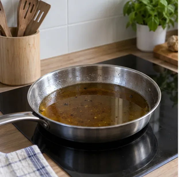 Une poêle contenant de l'huile de cuisson usagée refroidit sur une plaque éteinte dans une cuisine