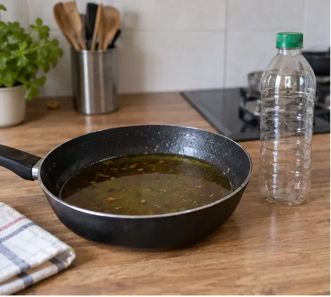 Une poêle contenant de l’huile de cuisson refroidie est posée sur un plan de travail à côté d’une bouteille vide prête à la recevoir.