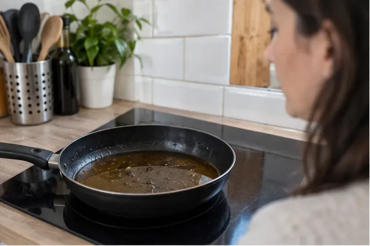 Une poêle contenant de l’huile de cuisson usagée refroidit sur une plaque éteinte dans une cuisine
