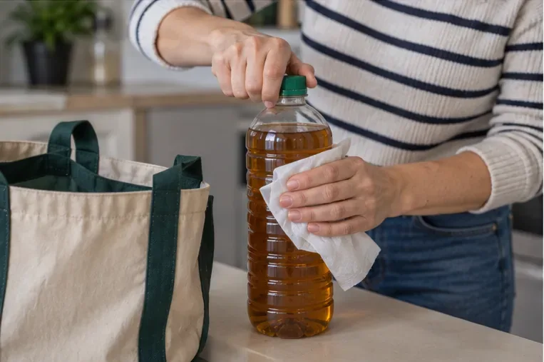 Une bouteille remplie d’huile de cuisson usagée est essuyée puis placée près d’un sac de transport