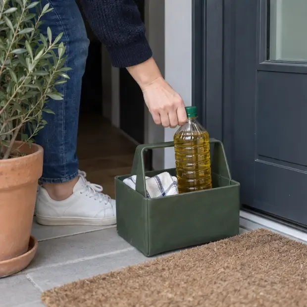 Une bouteille bouchée contenant de l'huile usagée est calée dans une caisse près de la porte d'une maison