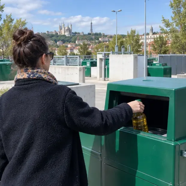 Une personne dépose une bouteille fermée d'huile usagée dans un conteneur de collecte sur un site de recyclage