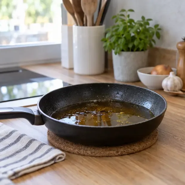 Une poêle contenant de l'huile de cuisson refroidit sur un dessous-de-plat dans une cuisine