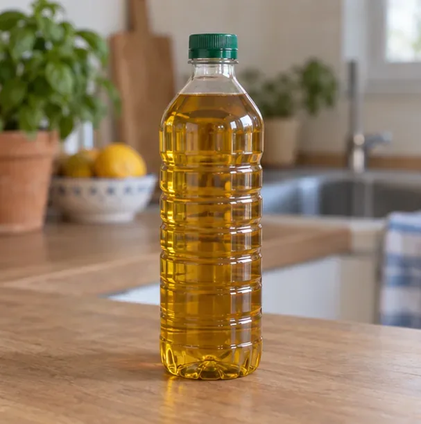 Bouteille transparente remplie d’huile alimentaire usagée avec bouchon vissé