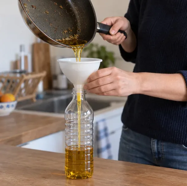 Huile de cuisson refroidie versée avec un entonnoir dans une bouteille propre
