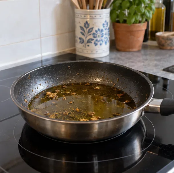Poêle contenant de l’huile de cuisson usagée refroidissant sur une plaque éteinte