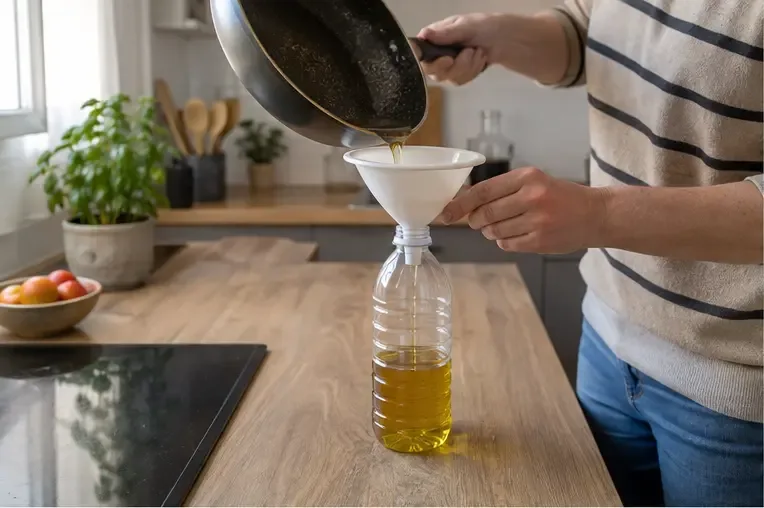 Une personne verse de l'huile de cuisson refroidie dans une bouteille propre à l'aide d'un entonnoir