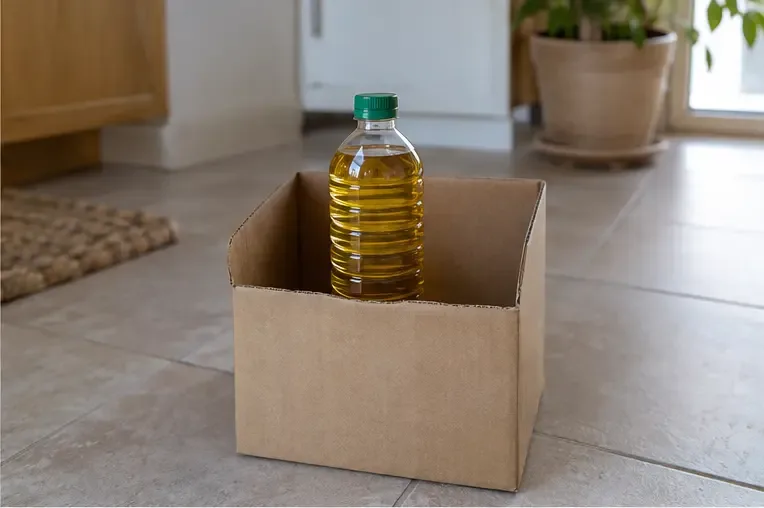 Une bouteille fermée contenant de l'huile usagée est placée debout dans un carton pour le transport