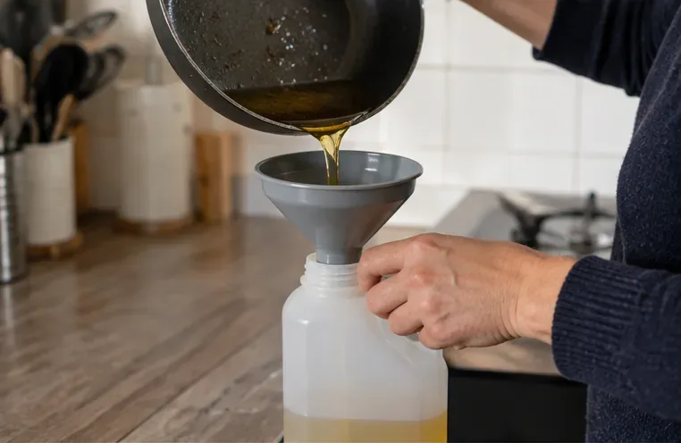 Huile de cuisson versée avec un entonnoir dans un récipient en plastique