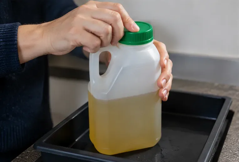 Main fermant le bouchon vert d’un bidon rempli d’huile de cuisson usagée