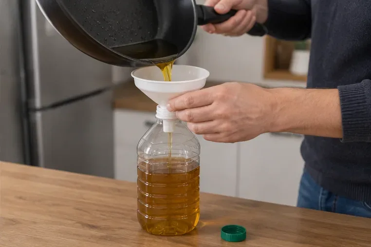 Huile de cuisson usagée versée avec un entonnoir dans une bouteille en plastique munie d’un bouchon