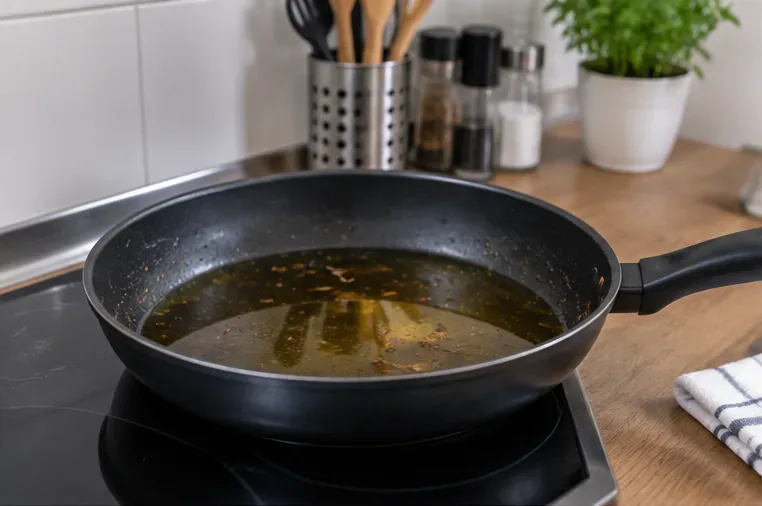 Poêle contenant de l’huile de cuisson usagée refroidissant sur une plaque de cuisine