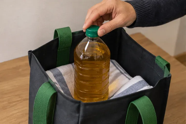 Bouteille fermée contenant de l’huile de cuisson placée debout dans un sac avec une serviette de protection