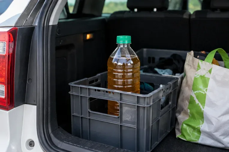 Bouteille fermée remplie d’huile de cuisson usagée placée verticalement dans une caisse dans le coffre d’une voiture