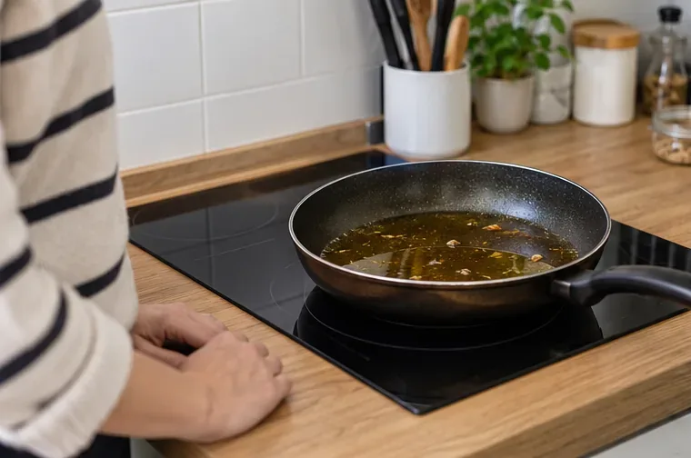 Huile de cuisson usagée laissée à refroidir dans une poêle sur un plan de travail de cuisine