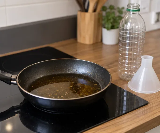 Poêle contenant de l’huile de cuisson usagée refroidie, avec une bouteille vide et un entonnoir posés à côté