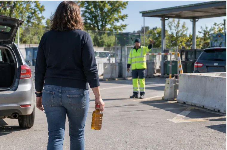 Une personne arrive dans une déchèterie avec une bouteille fermée contenant de l’huile de cuisson usagée