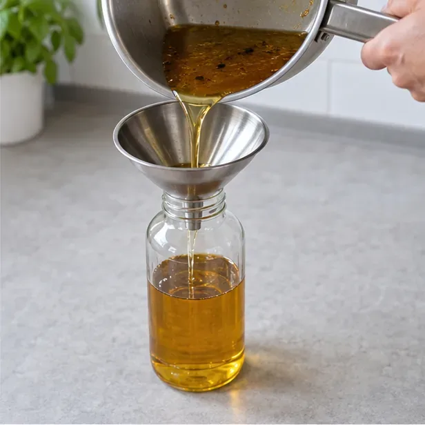Huile de cuisson refroidie versée lentement à travers un entonnoir dans une bouteille solide