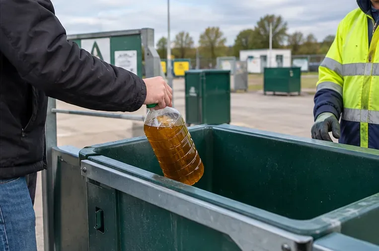 Personne déposant une bouteille d’huile usagée dans un contenant de collecte en présence d’un agent de déchèterie