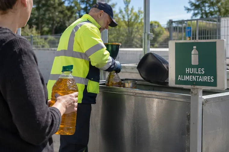 Agent de déchèterie recevant une bouteille d’huile alimentaire devant un point de collecte identifié pour les huiles alimentaires