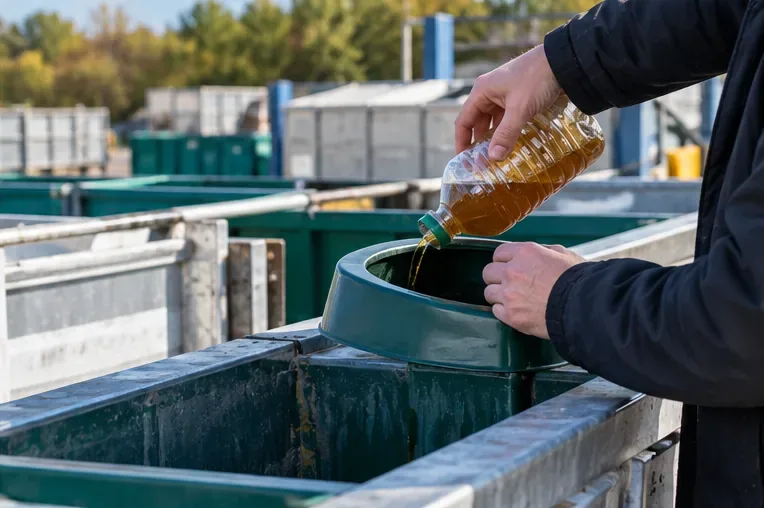 Personne versant de l’huile de cuisson usagée depuis une bouteille dans l’ouverture d’une cuve de collecte en déchetterie
