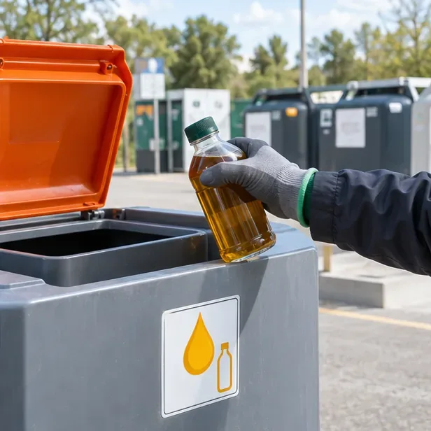 Main gantée déposant une bouteille fermée d'huile alimentaire dans un conteneur dédié d'une déchèterie