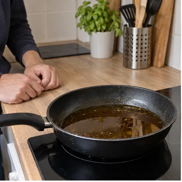 Poêle contenant de l’huile de cuisson refroidie posée sur une plaque de cuisine, avant transvasement.