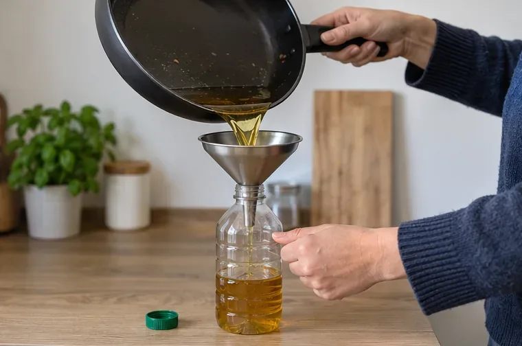 Huile de cuisson refroidie versée avec un entonnoir dans une bouteille en plastique