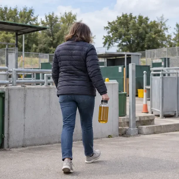 Personne portant un récipient fermé d’huile usagée dans une déchèterie extérieure générique