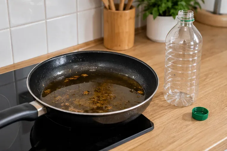 Poêle contenant de l’huile de cuisson refroidie posée à côté d’une bouteille vide dans une cuisine