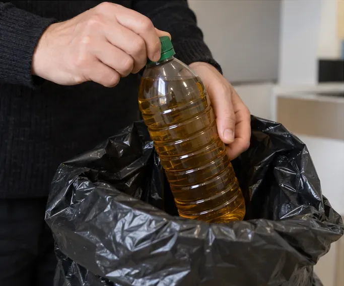 Bouteille remplie d’huile de cuisson usagée placée dans un sac-poubelle noir