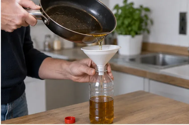 De l’huile de cuisson refroidie est versée avec un entonnoir dans une bouteille en plastique munie d’un bouchon
