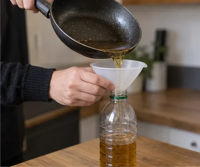Huile de cuisson refroidie versée doucement à travers un entonnoir dans une bouteille en plastique