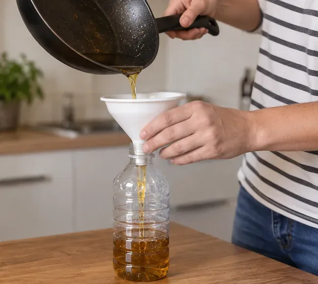 Huile de cuisson usagée versée avec un entonnoir dans une bouteille en plastique