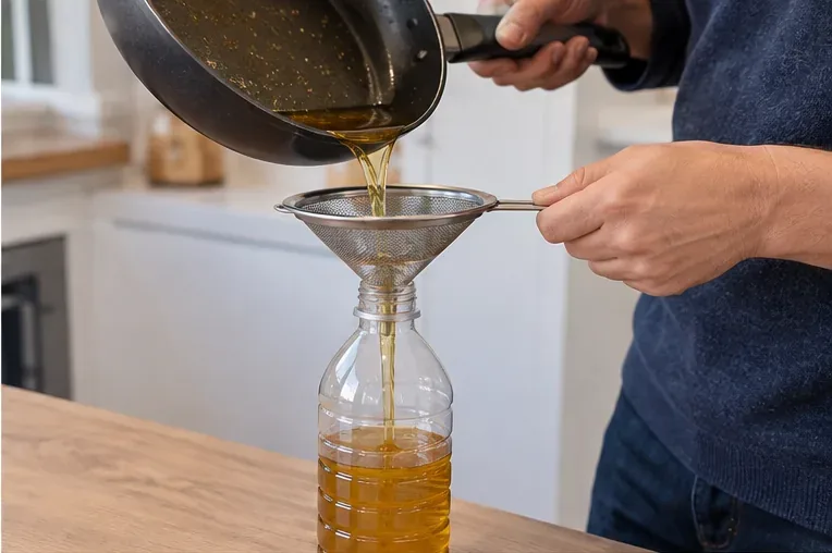Huile de cuisson refroidie versée à travers une passoire fine dans une bouteille transparente