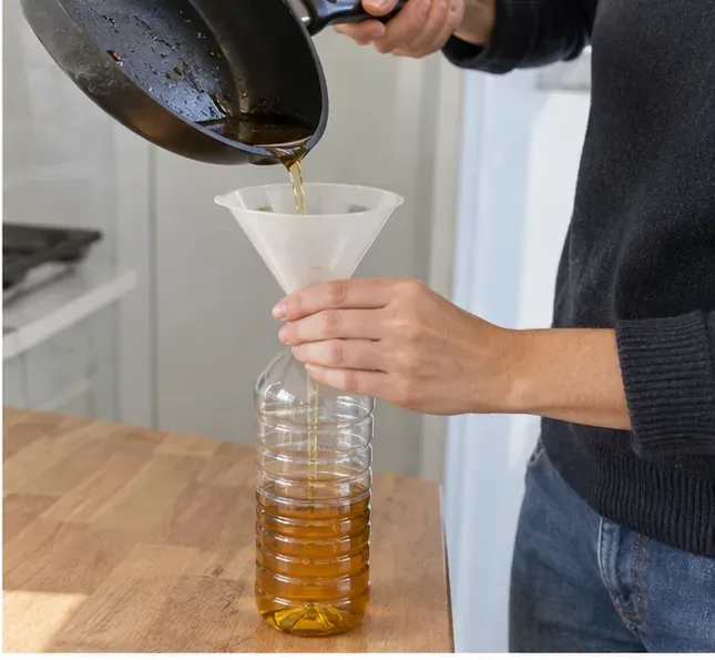 Huile de friture refroidie versée avec précaution dans une bouteille à l'aide d'un entonnoir
