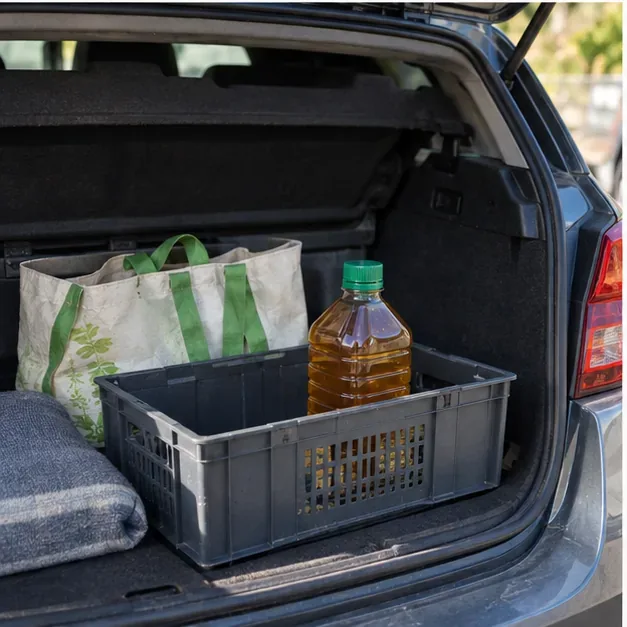 Bouteille fermée d’huile de cuisson usagée placée verticalement dans une caisse dans le coffre d’une voiture.