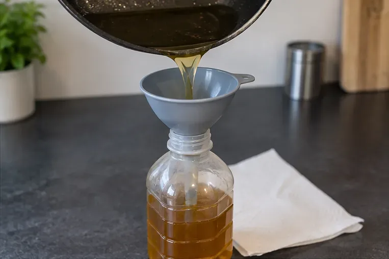 Huile de cuisson refroidie versée avec un entonnoir dans une bouteille en plastique