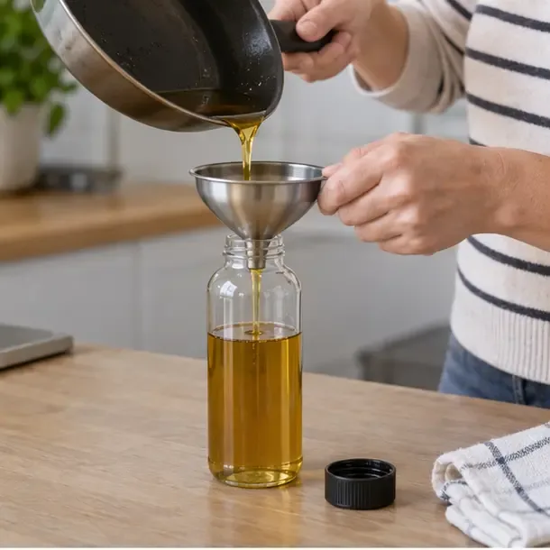 Mains versant une huile de cuisson refroidie dans un récipient propre à l’aide d’un entonnoir