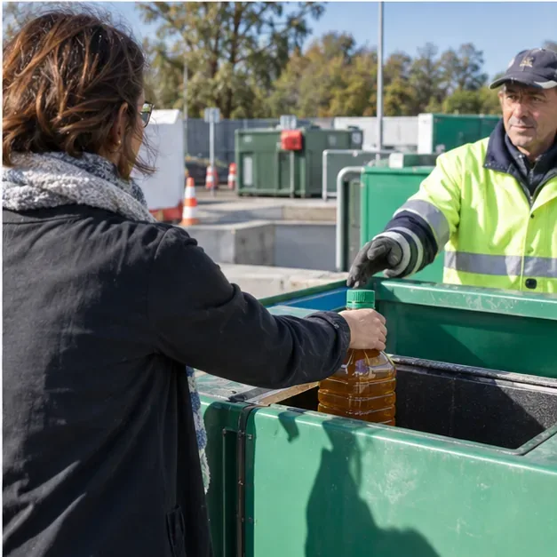 Personne remettant une bouteille d’huile de cuisson usagée à proximité d’un bac de collecte dans une déchèterie, avec un agent en tenue haute visibilité.