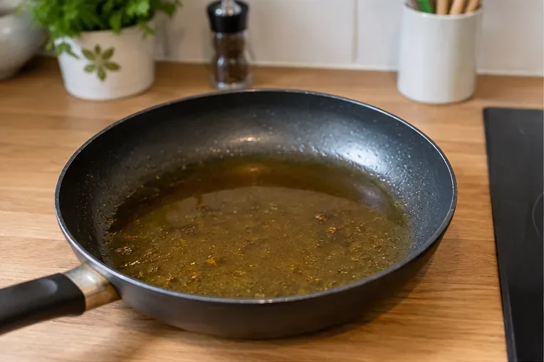 Poêle posée sur un plan de travail avec de l’huile de cuisson usagée laissée à refroidir