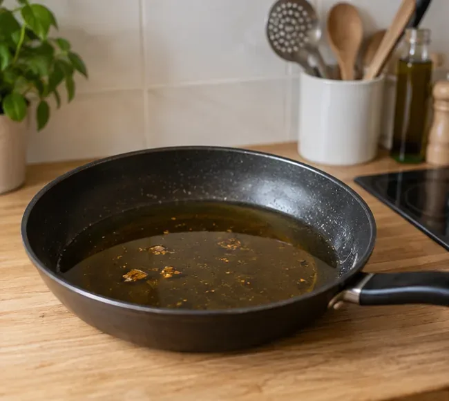 Poêle contenant de l’huile de cuisson usagée laissée à refroidir sur un plan de travail
